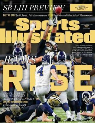 Cover of Sports Illustrated magazine, headline "Rams Rise." Cover image shows two football teams in play.